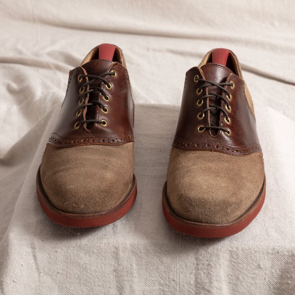Vintage 90s Cole Haan Suede Saddle Oxford Brogue Shoes Tan Brown 10M Prep Trad - Picture 4 of 13